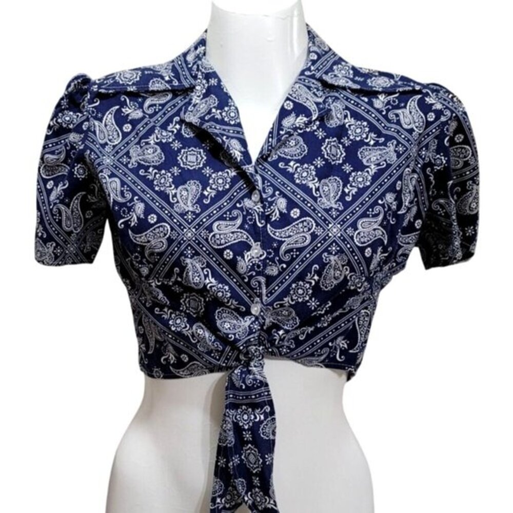 Vintage Bandana Cropped Tie-Front Blouse Short Sleeve L Blue - Picture 9 of 9